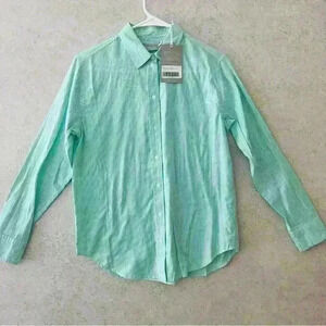 EVERLANE WOMENS PREPPY MINT/WHITE STRIPED SILKY‎ FEELING COTTON BUTTON DOWN SIZE